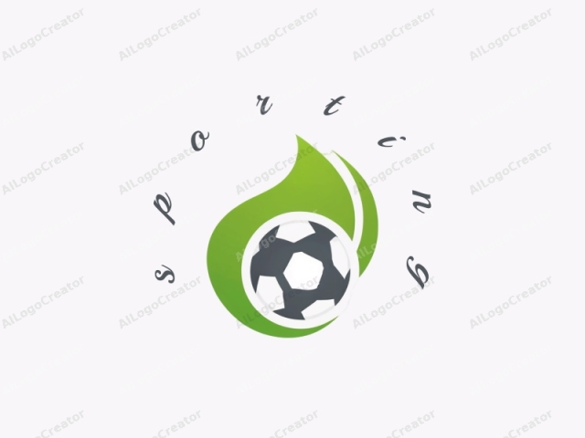 This image features a modern, stylized logo designed in a minimalist and sleek manner. The central element is a soccer ball represented by a grey and white pentagon pattern. The soccer ball is enclosed within a green, curved line that forms a styl