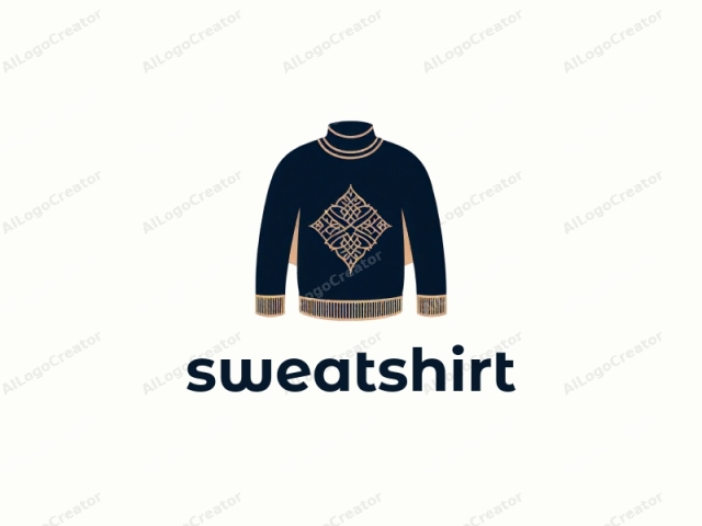 This is a vector graphic representation of a turtleneck sweater. The sweater is navy blue with a beige, intricate, symmetrical pattern adorning its center front. The pattern resembles a floral or geometric design featuring interconnected lines and curves, giving it