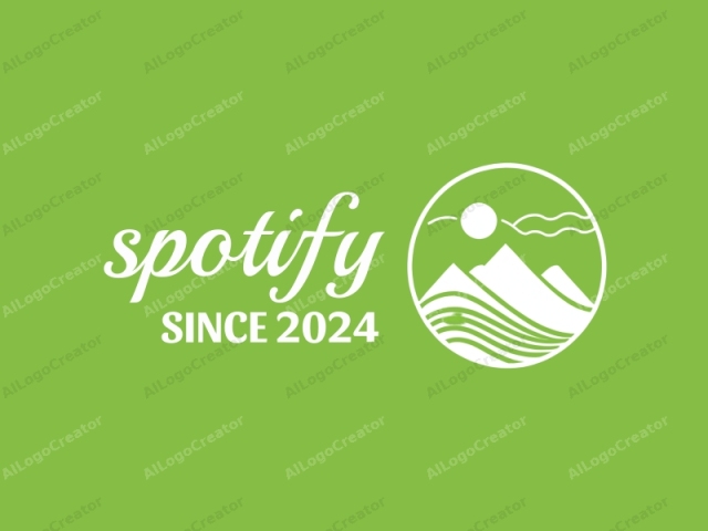 This logo features a simplified, clean design with a minimalist style. The background is a vibrant lime-green color, creating a refreshing and lively visual impact. The central element is a circular white emblem depicting a stylized mountain landscape. The mountains are rendered