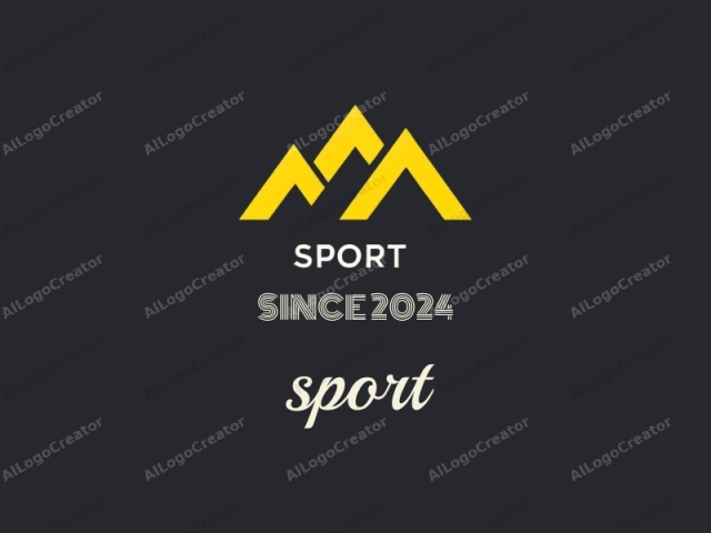 The image is a minimalist, digital logo design on a dark gray background. The central focus is a stylized mountain range rendered in bright yellow. The mountains are depicted with sharp, angular peaks, each peak forming a distinct triangle. Below the mountain