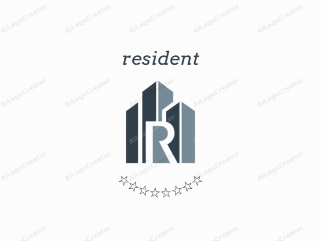 The image is a minimalist, geometric logo consisting of a stylized representation of a cityscape. It is created using a clean and modern design style. The central focus is a large, uppercase letter "R," which is prominently positioned in the center