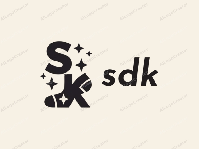 en el estilo del arte digital. Esta imagen presenta un logotipo minimalista y monocromático con una estética limpia y moderna. Los elementos principales incluyen las letras mayúsculas y en negrita "SK" y una silueta de calcetín posicionada debajo y a la derecha de las letras,