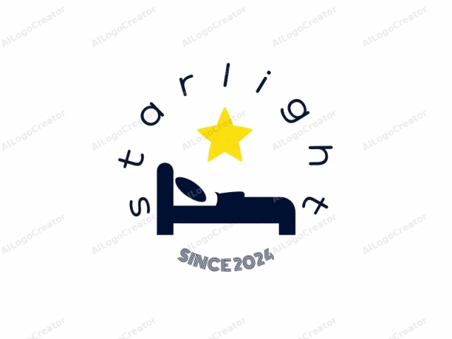 The image is a simple, minimalist, and monochromatic graphic designed in a flat, vector-style. It features a stylized silhouette of a bed, represented in a solid dark blue color. The bed is positioned on the left side of the