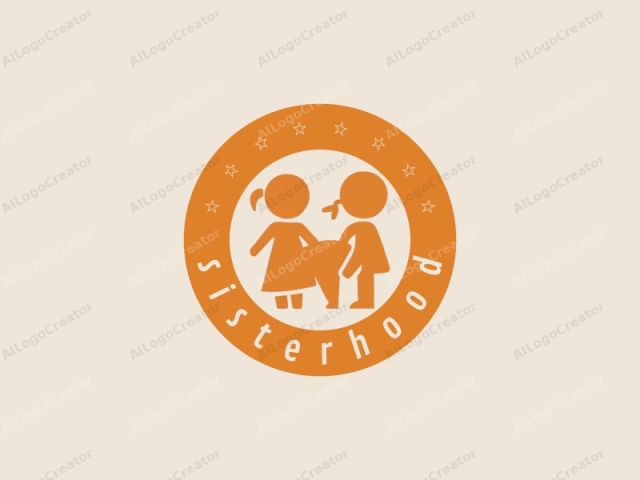 in a minimalistic, clean style. This is a simple, flat logo illustration depicting two children. The children are represented in stylized, silhouette forms using a solid, burnt orange color on a beige background. The child on the left is a girl