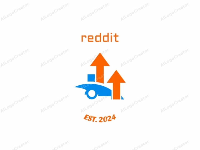 This is a minimalist logo design composed of geometric shapes on a white background. The primary element is a stylized blue vehicle, resembling a car or truck, with two prominent orange arrows pointing upwards. The vehicle is positioned centrally and has a smooth,