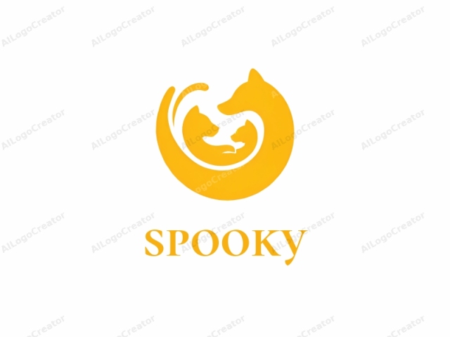 This is a minimalist, flat logo design in yellow and white. The logo features a stylized, circular design that incorporates the silhouette of a dog. At the center, a curled dog’s head is facing towards the viewer, with its ears pointing