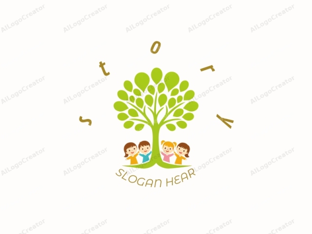 The image is a simple, stylized drawing depicting a tree and four children. The tree is centrally placed and occupies the top portion of the image. Its trunk is thick and green, while its branches are sparse and green as well, with large