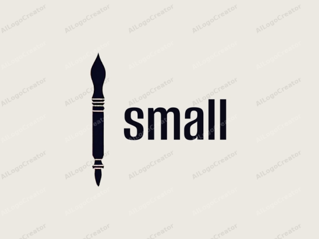 Dieses minimalistische Logo-Bild zeigt einen stilisierten, aufrechten Stift oder Schreibgerät, der in einem einfachen Schwarz vor einem einfarbigen, cremefarbenen Hintergrund dargestellt ist. Die Form des Stifts erinnert an traditionelle Schreibgeräte, mit einer bauchigen Spitze und einer spitzen,