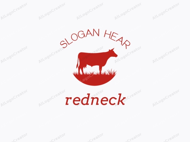 This is a minimalist, vector-style logo depicting a red silhouette of a cow set against a white background. The cow, facing left, stands centrally on a grassy hill. The hill is also in red silhouette, representing the earth beneath the cow