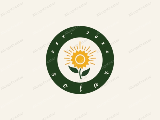 Das Logo ist eine einfache, flache Illustration einer Sonnenblume. Es besteht aus einer gelben Sonnenblume mit einer kreisförmigen Sonne in der Mitte, die strahlend gelbe Strahlen ausstrahlt. Um die Sonne herum befindet sich ein dunkelgrünes, stilisiertes Blatt mit einem