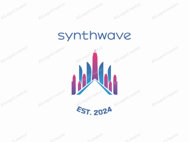 This is a digital logo featuring an abstract representation of a futuristic cityscape. The image consists of a central, linear design flanked by a symmetrical arrangement of skyscrapers on either side. The central pathway is rendered in a vibrant gradient from