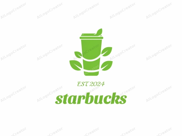 im minimalistischen Vektorkunststil. Dies ist ein Logo-Design, das eine grüne, vereinfachte Darstellung einer Kaffeetasse zeigt, zentral vor einem schlichten weißen Hintergrund platziert. Die Kaffeetasse ist in einer glatten, stilisierten Weise mit klaren Linien dargestellt, die