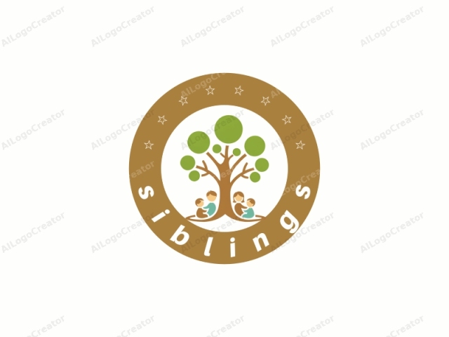 depicting a stylized tree with four people sitting at its base. The logo features a simplified, flat design. The tree is centrally positioned with a large trunk and a wide, rounded base. Its branches are thick and curved, and the foliage consists