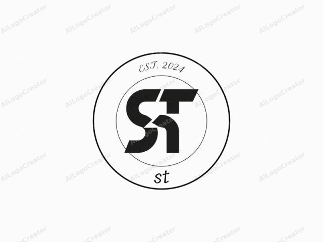 El logotipo es un diseño estilizado que presenta las letras "ST" en una fuente sans-serif en negrita. Las letras tienen un estilo moderno y elegante, con líneas limpias y bordes suaves. Todo el diseño está renderizado en negro, lo que contrasta fuertemente