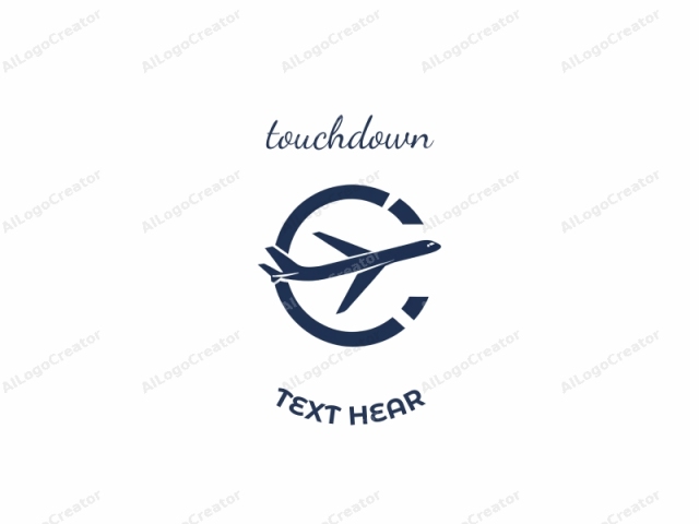 which features a minimalist design. The logo is a digital illustration in dark navy blue, prominently set against a clean, white background. The central element is a stylized airplane, depicted in a sleek, streamlined manner, conveying a sense of speed and