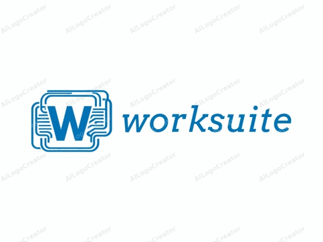 Esta imagen es un diseño de logotipo simple y minimalista representado en azul sobre un fondo blanco liso. El logotipo se compone de dos elementos principales: una letra mayúscula "W" y una serie de líneas interconectadas. La "W" está colocada en el centro, ocupando