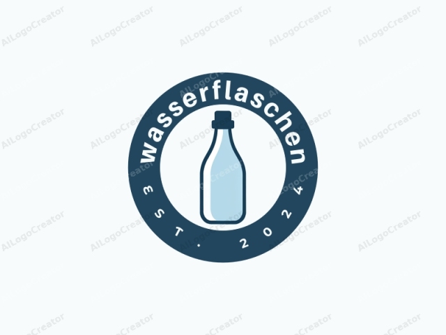 Este es un logotipo simple, minimalista y de diseño plano de una botella de vidrio. La botella se representa en un estilo moderno y limpio con un cuerpo azul claro y un corcho azul oscuro. La botella de vidrio está posicionada centralmente sobre un fondo blanco liso.