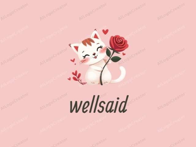 in the style of a modern cartoon illustration. The image features a cute, cartoon-style cat with large, almond-shaped blue eyes, a pink nose, and a joyful expression, characterized by a closed mouth and rosy cheeks. The cat is predominantly white