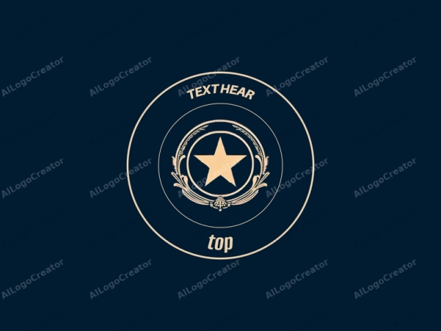 The image is a digital rendering of a circular emblem set against a deep navy blue background. The emblem features a prominently centered, five-pointed golden yellow star within a golden yellow circular frame. Surrounding the circle is an ornate, symmetrical