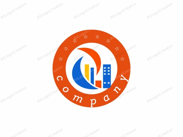 The image is a digital logo, consisting of a stylized abstract design. The logo features three primary colors: blue, orange, and yellow. At the center of the design is a large, sweeping blue arc that curves clockwise, giving a sense