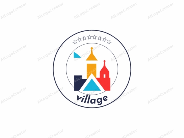 con un diseño simplificado y colorido. El logotipo consta de tres formas principales dispuestas en una formación algo triangular. La forma más grande, ubicada centralmente en la parte superior, es una torre cónica amarilla con una parte superior puntiaguda. Debajo de ella, ligeramente hacia la