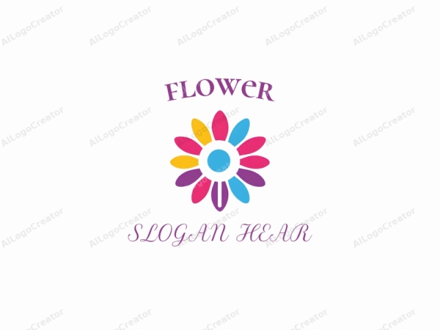 que está creado digitalmente utilizando líneas limpias y colores sólidos. La imagen presenta un logotipo floral estilizado compuesto por una forma circular central rodeada de 12 pétalos alargados y equidistantes. Cada pétalo tiene un tono vibrante, incluyendo magenta,