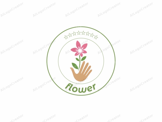 Este logotipo, creado en un estilo de arte vectorial simplista y limpio, representa una mano estilizada sosteniendo una flor rosa. La mano es plana y simplificada, con una forma ovalada para la palma y dedos alargados. La flor es abstracta pero reconocible,