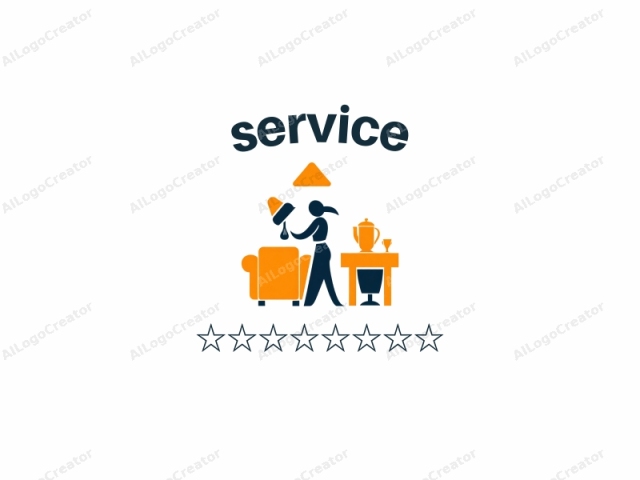 This stylized vector graphic, rendered in a minimalist design, depicts a figure engaged in domestic activities within a clean, abstract setting. The main subject is a simplified, human silhouette drawn in dark blue, facing towards the right. The figure wears a