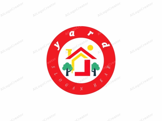 which features a simplified, geometric design of a house. The house is represented by three major shapes: a red triangular roof, a yellow rectangular wall, and a red rectangular wall. The yellow wall is positioned at an angle, intersecting with the