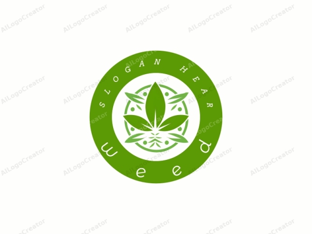 Dies ist ein minimalistisches, grünes Logo, das sich um das Thema Natur dreht. Das Design besteht aus einem runden Emblem mit einem lebendigen Grünton. Im Mittelpunkt des Logos steht eine stilisierte Darstellung einer Cannabispflanze, die durch drei breite, dreieckige Blätter gekennzeichnet ist.