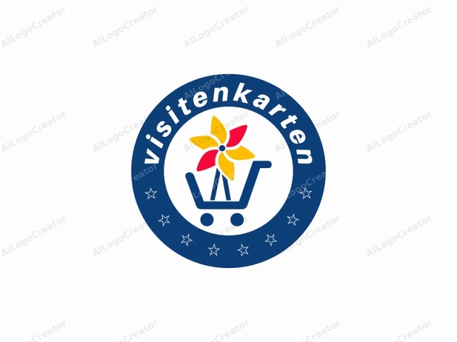 describing its visual elements, textures, and overall style. This is a digital logo illustration featuring a stylized shopping cart. The cart is drawn in a simplistic, flat design with clean lines and solid colors. The shopping cart is blue with two large