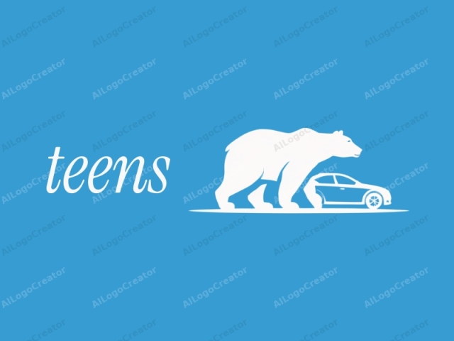 Este es un logotipo vectorial minimalista que presenta un oso y un coche estilizados, situados sobre un fondo azul sólido y brillante. El oso, representado en blanco, ocupa la parte superior izquierda de la imagen y se muestra de perfil, mirando hacia la derecha.