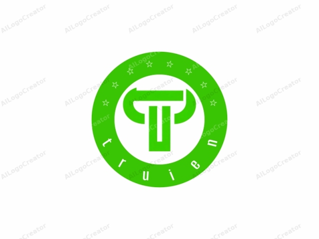 This is a digital logo with a minimalist design. The main subject is a stylized capital "T" formed from a vibrant green, bold, and smooth line drawing. The green "T" is centered on a stark white background, creating a