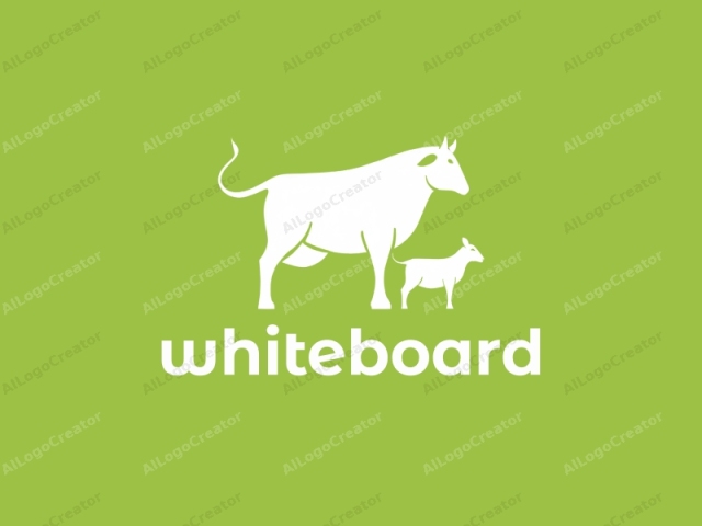 The image is a simple, vector-style graphic with a minimalist design, featuring two white silhouettes against a bright lime green background. The larger silhouette represents an adult cow standing to the left, while the smaller silhouette represents a baby calf standing to