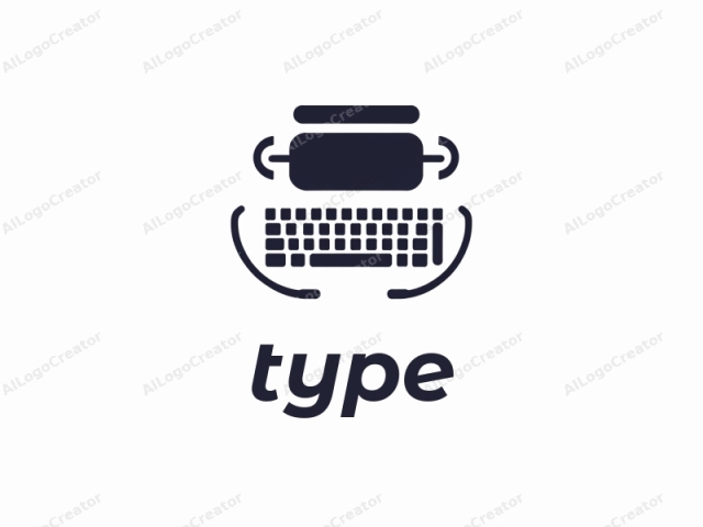 The image is a minimalist black-and-white icon representing a typewriter. The typewriter is depicted in a simplified, flat design with bold, clean lines. At the top, the logo shows the upper part of the typewriter, featuring its body