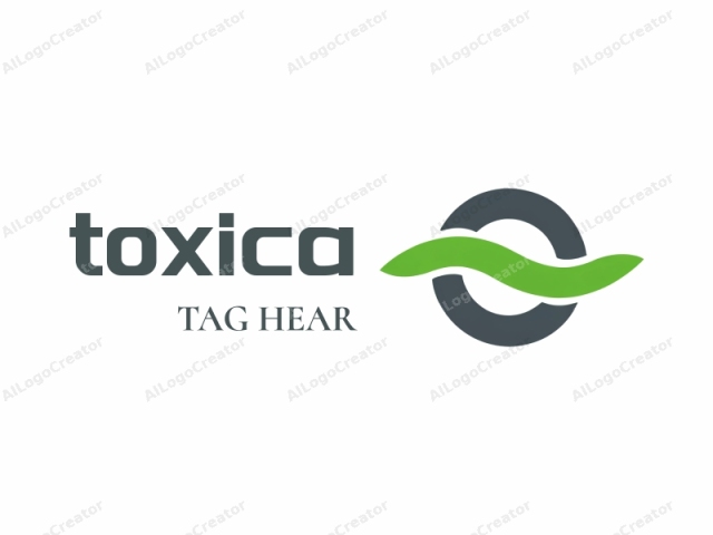 The image is a minimalist, vector graphic representation of a stylized logo. The main element is a simple, abstract design comprising two primary shapes: a dark grey circular ring and a wavy, green ribbon-like form. The ribbon curves in a