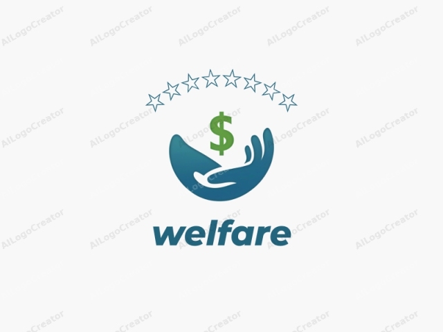 The image is a minimalist, digital logo featuring two stylized hands in a blue-green shade, cupped together in a gentle, supportive gesture. At the center of the hands, there is a green dollar sign ($), symbolizing financial support or