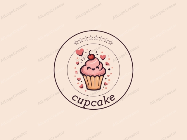 in a minimalist design style. This is a digital illustration of a cute, cartoon-style cupcake, characterized by simple, clean lines and a pastel color palette. The cupcake is depicted with a soft pink icing, featuring a smooth, swirl texture