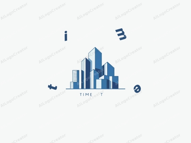 a stylized cityscape featuring modern skyscrapers. The image, rendered in a minimalist digital illustration style, primarily uses blue and white colors to depict a sleek and futuristic city. The skyline consists of six rectangular and triangular buildings, varying in height