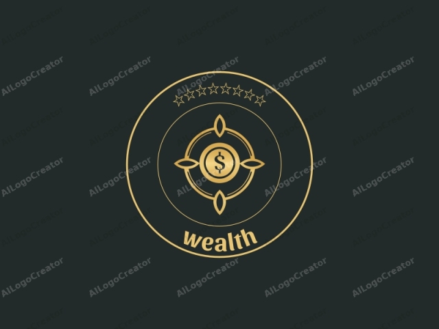 This image features a modern, minimalist logo designed with a symmetrical circular pattern on a dark background. The main focal point is a central gold dollar symbol, representing wealth or monetary value. Surrounding the dollar symbol are two concentric circles and four