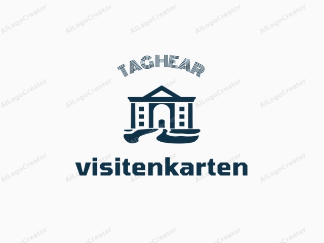 This image is a simple, monochromatic logo in blue, depicting a classic, grand architectural structure in the style of an important civic building. The building is symmetrical, featuring a triangular pediment with a central arched doorway flanked by