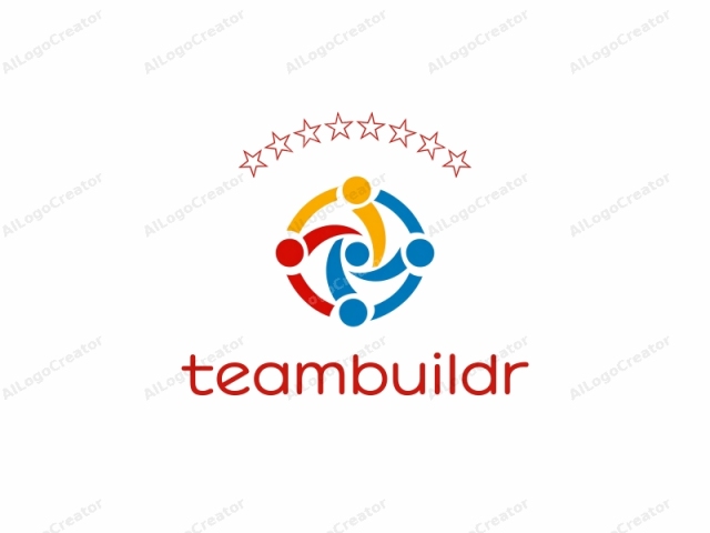 a stylized, abstract, geometric design. This logo is composed of four interlocking, curved lines that form a circular shape. Each curved line is colored differently: two lines are red and blue, one is yellow, and one is orange.