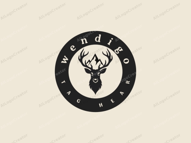 in a minimalistic, monochromatic style. This image is a digital illustration of a stylized deer's head superimposed over a mountain landscape. The deer's head, rendered in solid black, features intricate antlers and a detailed facial structure