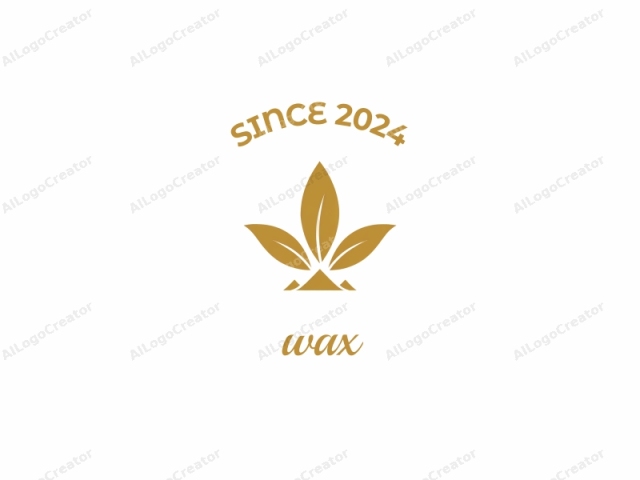 Este es un diseño de logo moderno y minimalista que presenta una representación estilizada y abstracta de una hoja de cannabis. El logo está renderizado en un color amarillo dorado sobre un fondo blanco puro. El motivo central consiste en tres hojas grandes y simétricas, cada una mostrando