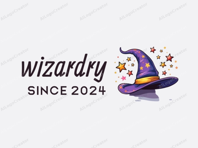 a digital illustration featuring a whimsical, cartoon-style wizard's hat. The hat is a prominent, vibrant purple color with a large, floppy brim and a pointed top. Scattered around the brim are several small, brightly colored stars in