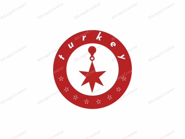 which depicts a stylized, minimalist pendant hanging on a hook. The pendant is a bold, vivid red, featuring a prominent, five-pointed star with sharp, evenly spaced points. The star is centered and dominates the composition. Above the star
