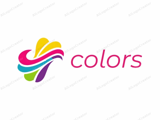 a stylized, modern abstract design. The logo features a bold, vibrant design set against a plain white background. The central element consists of a swirling, wave-like shape made up of curved lines in bright, bold colors. The wave starts from