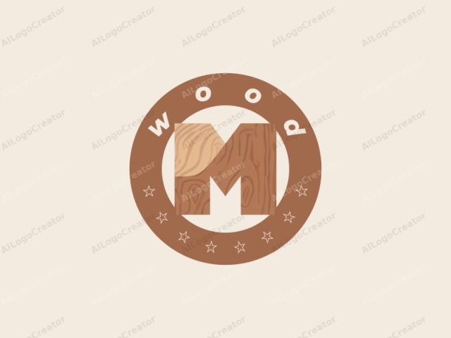 This is a simple, modern logo design featuring the letter "M" in a bold, capital font. The "M" is composed of a warm brown color, representing wood grain texture, which is intricately illustrated with subtle details depicting natural wood