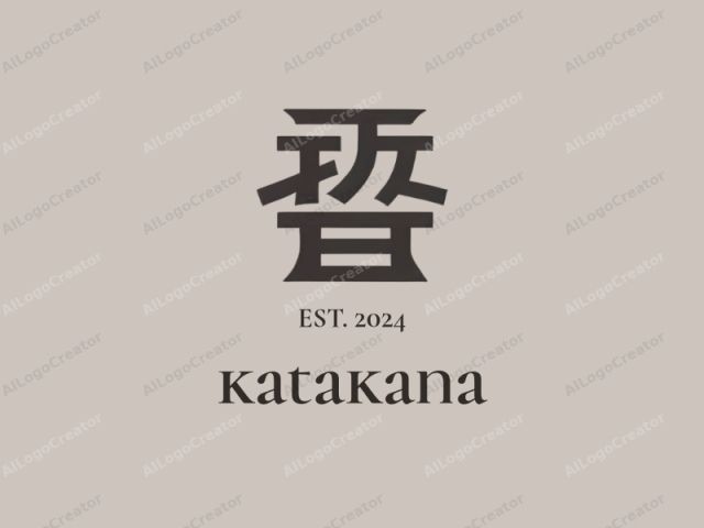 This is a minimalist logo design featuring bold, stylized Japanese characters rendered in a clean, monochromatic black color against a soft, beige background. The characters are arranged in the center of the image with a symmetrical and orderly layout. The