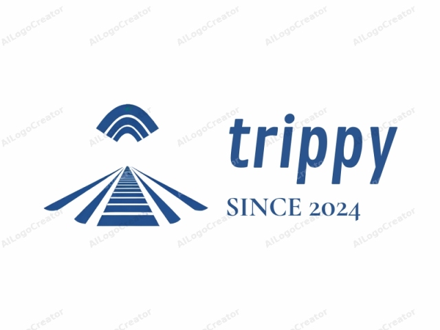 The logo is a minimalist, abstract design featuring bold blue and white hues. It consists of three primary elements: a stylized train track, a curved wave-like shape, and a small green leaf. The train track is depicted in blue, with